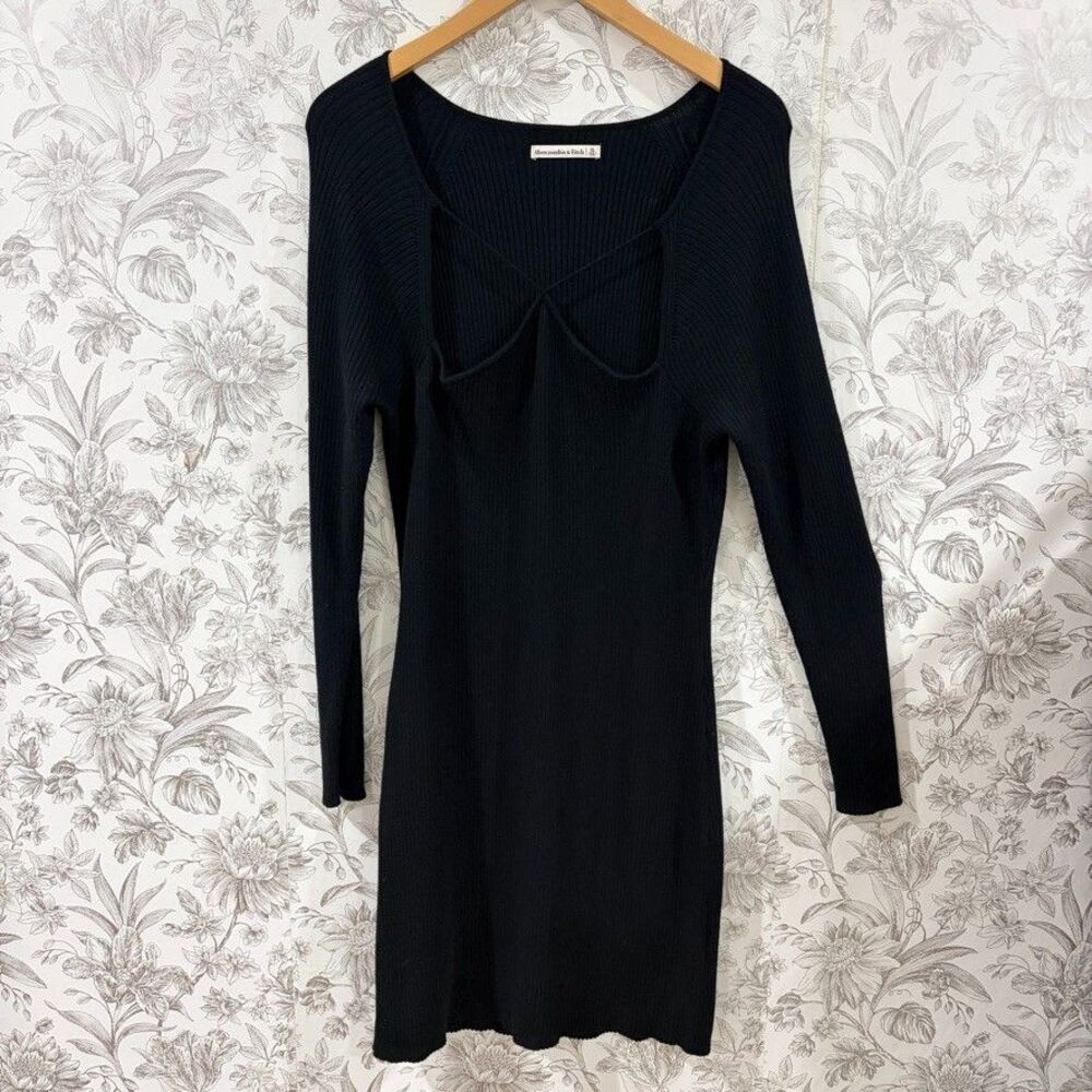 Abercrombie Fitch Black Ribbed Knit Sweetheart Neck Long Sleeve Bodycon Dress XL